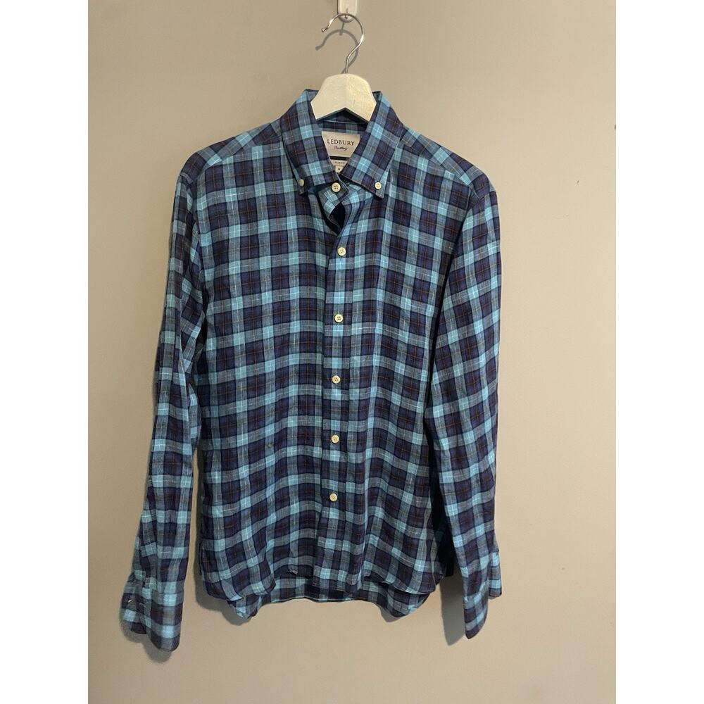 Ledbury Fine Shirtmaker Men's Button Down 100% Linen Long Sleeve Slim Fit Size M